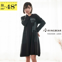連身裙--韓版顯瘦兩側實用口袋字母潮流印圖圓領長袖洋裝(黑XL-3L)-A444眼圈熊中大尺碼