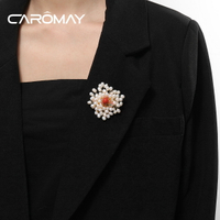 CAROMAY時尚氣質紅瑪瑙胸針高檔女淡水珍珠胸花別針西裝外套配飾