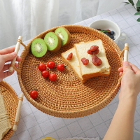 越南藤編托盤水果盤雙耳藤籃編織早餐籃日式竹編面包筐點心籃子