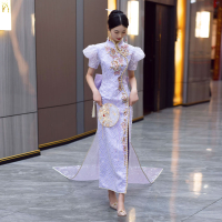 新娘秀禾服年新款中式奢華高級重工淺紫色旗袍中式敬酒服嫁衣