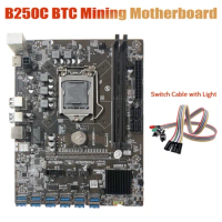 B250C Miner Motherboard+Dual Switch Cable With Light 12 PCIE To USB3.0 Graphics Card Slot LGA1151 DDR4 For BTC Mining