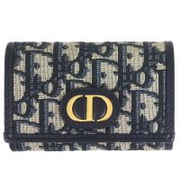 Dior MONTAIGNE 藍色緹花布翻蓋拉鍊卡片/零錢包