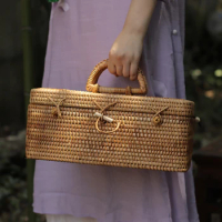 Handmade rattan woven portable box tea set storage box ins wind picnic food box basket