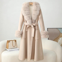 2023 Fox Fur Medium Long Coat for Women Slim Fit and Slim Detachable Fur Collar Wool Fur Coat for Women Luxury Style