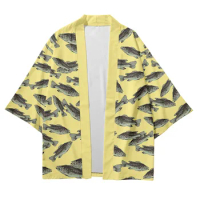 Oversize 6XL Fish Printed Japanese Street Samurai Harajuku Kimono Cardigan Women Men Cosplay Yukata Tops Pants Set