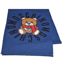 MOSCHINO 義大利製TOY圍巾小熊字母LOGO圖騰混羊毛圍巾(藍色)
