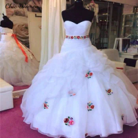 Colorful Embroidery Mexican Wedding Dress 2024 Ball Gown Sweetheart Ruffles Tulle Church Garden Bridal Dress Lace Up Hispanic