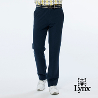 【Lynx Golf】男款日本進口類燈芯絨布料後袋配色織帶設計平口基本版休閒長褲-深藍色