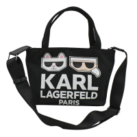 【KARL LAGERFELD 卡爾】卡爾老佛爺人像貓咪帆布手提袋環保袋斜背包小托特包