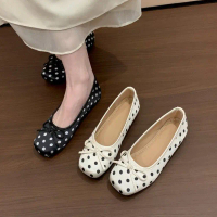 JINxCHOY Hàn Quốc vòng đầu sóng chấm Bow giải trí Bean Shoes PU Lady chống trượt mặc tay áo chân thờ