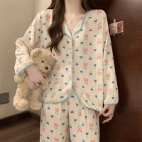Pyjama Femme Floral Printed Pajama Sets For Women Spring Sleepwear Cotton Pijama Feminino