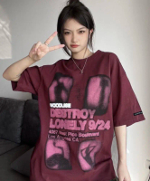 LONELY Áo thun phông logo tay nam nữ PINK tay lỡ form rộng LONELY Unisex Top Cổ Tròn Cotton Đen Wome