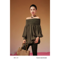 Đầm nâu trễ vai chạy chỉ chun thiết kế Elise O2O mã FW2507189DMWOBR