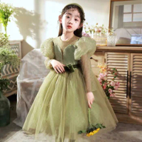 Green Lush Dresses for Girls Puffy Luxury Childrens Dress for Party Elegant Princess Girl Costume Party Fluffy Dress