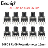 20PCS RV09 Potentiometer Vertical 15mm 1M 100K 5K 500k 2K 20K Adjustable Resistor Potentiometers Kit