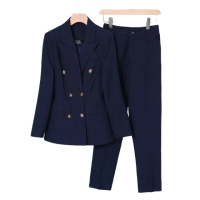 【米蘭精品】西裝套裝兩件套(條紋雙排扣外套長褲女職業西裝2色74ct23)
