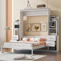 Murphy Bed,Queen Size Wall Bed with Shelves,Drawers and LED Lights,Multi-function bed an be folded away into a cabinet,White