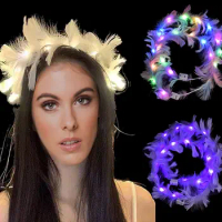 1Pcs Christmas Blinking Light LED Flower Feather Wreath Headbands Neon Angel Halo Party Wedding Birthday Gift Club Bar Decor