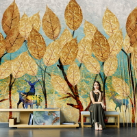 北歐麋鹿電視背景墻紙墻布抽象壁紙手繪油畫黃金樹葉壁畫餐廳墻紙