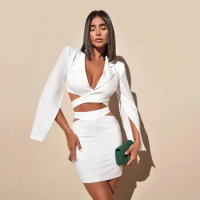 Tesco White Sexy Women's Fashion Suits V-Neck Blazer Split Sleeve Suit Hollow Out Sheath Skirt For Nightlife ropa de mujer