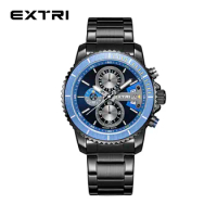 2023 Extri Fashion Mens Watch Stainless Steel Quartz Blue Bezel Top Brand Luxury Sport Chronograph Casual Waterproof Wrist Watch