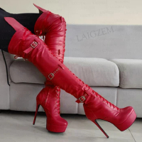 LAIGZEM Women Over Knee High Boots Platform Faux Leather Thin High Heels Boots Handmade Ladies Shoes Woman Big Size 39 43 48 52