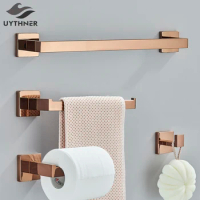 Bathroom Hardware Rose Gold Polish Shiny Bathrobe Hook Towel Rail Bar Rack Bar Shelf Tissue Paper Holder Bathroom Accessories