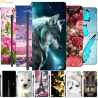 Leather Cases For Vivo Y35 2022 Luxury Phone Wolf Bags For Vivo Y16 Y15S Y02S 4G Flip Book Covers Y 35 Wallet Fundas Fashion Cat