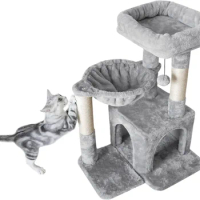 Cat Tree, Small Cat Tower with Sisal Scratching Post and Hammock Light Gray