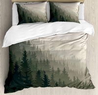 Pine Trees in The Forest Duvet Cover Set, Foggy Decorative 3 Piece Bedding Set with 2 Pillow Shams, Queen Full Size, Warm Taupe
