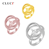 CLUCI Silver 925 Big Rose Gold Zircon Ring Winding Circle Adjustable Pearl Ring Mounting Real 925 Sterling Silver Ring SR2095SB
