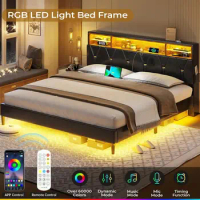 King Size Bed Frame with LED Lights and Headboard Storage, Upholstered Bed Frame, Built-in Power Strip Design