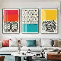 โปสเตอร์ยินดีต้อนรับทุกคน Mid Century Modern Abstract Color Blocks Line Poster Canvas Painting Wall