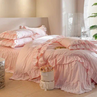 100%Egyptian Cotton Ruffle Lace Duvet Cover Set(1Duvet Cover 1Bedskirt 2Pillow Shams) 600TC Pink Bohemian Bedding set Queen Full