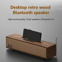 XM-520 Retro Wooden Bluetooth Speakers Dual Horns Home Desktop Mega Bass Wireless Boombox Subwoofer Phone Holder Computer Sound