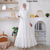 Dress Putih Cerutty Mix Renda / Gamis Putih Renda Mewah / Dress Putih Haji Umroh / Gamis Putih Lebar