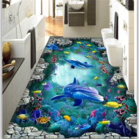 wellyu Custom flooring painting 3d underwater world dolphin turtle 3D stereo painting living room shopping hotel floor painting