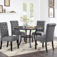 Modern Classic Dining Room Furniture Natural Wood Round Dining Table 4x Side Chairs Charcoal Fabric Tufted Roll Back Top Chair N