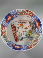 日本 老柴燒 彩繪花鳥畫篇老碗一只，青花染付條紋相間其間，底