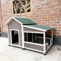 Outdoor Garden Pet Villa Solid Wood Dog House Balcony Bungalow Large Dog Dormitory Room Sunscreen Yard General Puppy Dog Cage