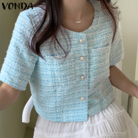 VONDA Women Korean Round Neck Short Sleeve Plain Texture Fabrics Blazer