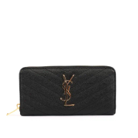 【YSL】山形紋荔枝皮金字logoㄇ型拉鏈長夾(黑色)