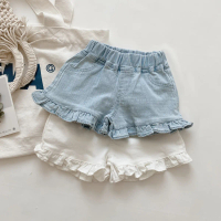 In stock: Girls' soft denim shorts, 2022 summer new Korean style baby ruffle hot pants, trendy child
