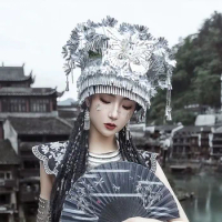 Minorit Miao Head Jewelry Head Props Guangxi Hat Alloy Metal Silver Color Headwear Large Head Jewelry Yunnan Headwear Jewelry