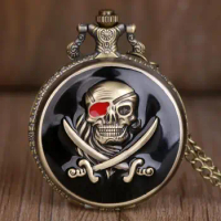 Antique Pirate Skull Design Quartz Pocket Watch Vintage Bronze Pendant Necklace Clock Men Women Gifts Fob Watch