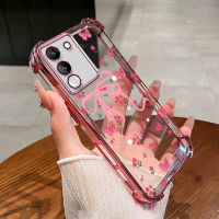 เคสโทรศัพท์, สำหรับ vivo Y200, Y300, Y400, Y400 Pro, ดีไซน์ดอกไม้สีชมพูและผีเสื้อ, ป้องกันการตกสี่มุ