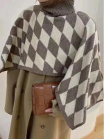 Namirazka - Sweater Rajut Poncho Wanita TurtleNeck Motif Kotak-Kotak Elegan dan Nyaman