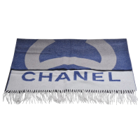 CHANEL 經典品牌LOGO漸變色喀什米爾羊毛雙面圍巾/披巾(灰/藍色)