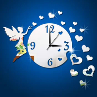 Free shipping acrylic fairy wall clock mirror sticker with 15pcs heart mirror decal ,Vinyl decal&amp;Murals