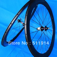 Full Carbon Road Bike Clincher Wheelset 700C - 60mm (F : 20H / R : 24H) - Clincher Rim + Spokes + hub + Brake Pads + Skewers